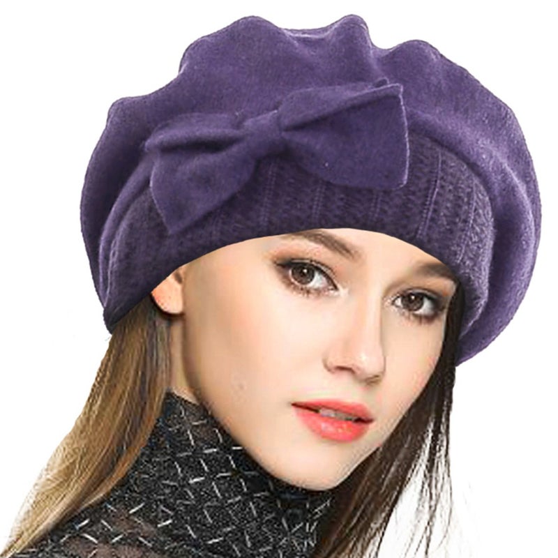 VECRY Lady French Beret 100% Wool Beret Floral Dress Beanie Winter Hat (Bow-Purple) - Image 1